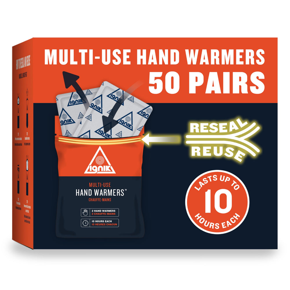 Ignik resealable hand warmers 50-pack provide up to 10 hours of heat for camping or dog walks