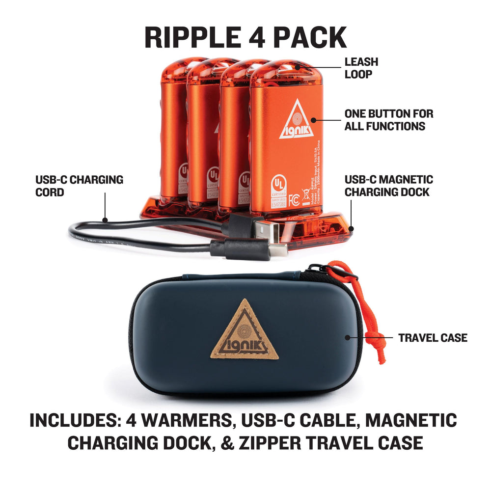 Ignik Ripple four-pack contents shown with carrying case for easy on-the-go warmth.