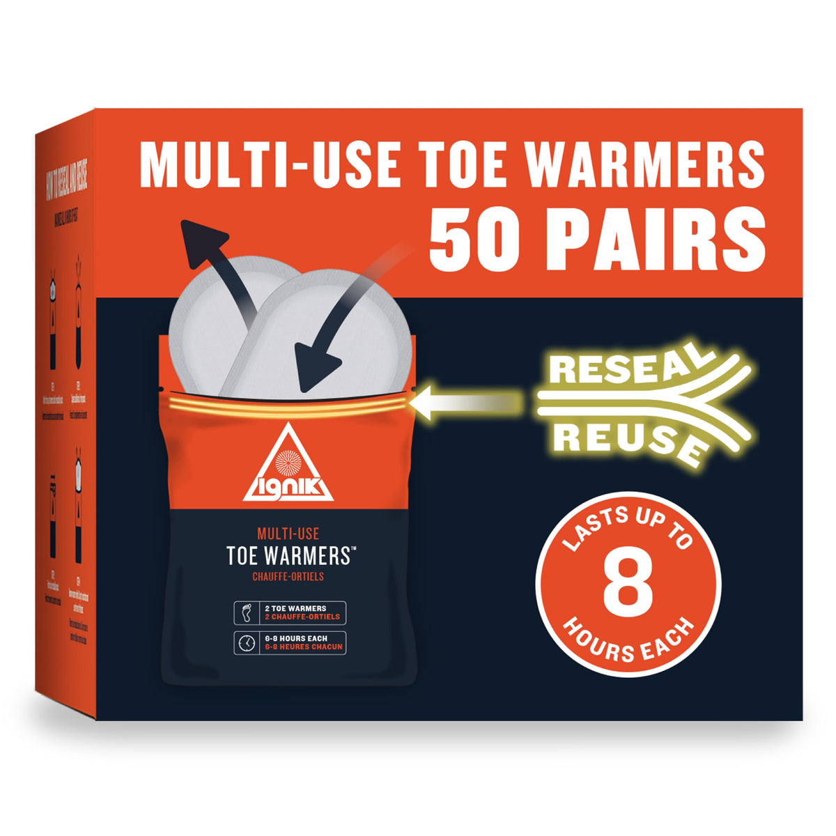 Ignik toe warmers packaging displays 50 pairs for outdoor warmth.