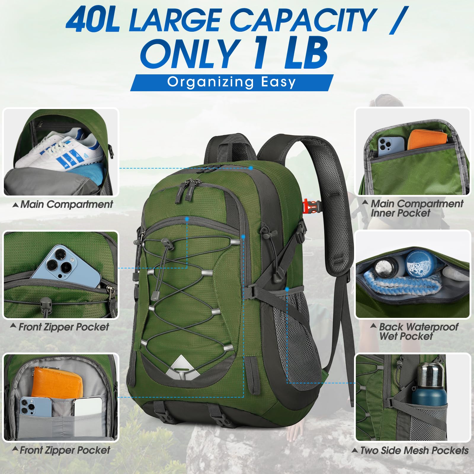 IGOLUMON Hiking Backpack 40L main compartment open for easy gear organization.