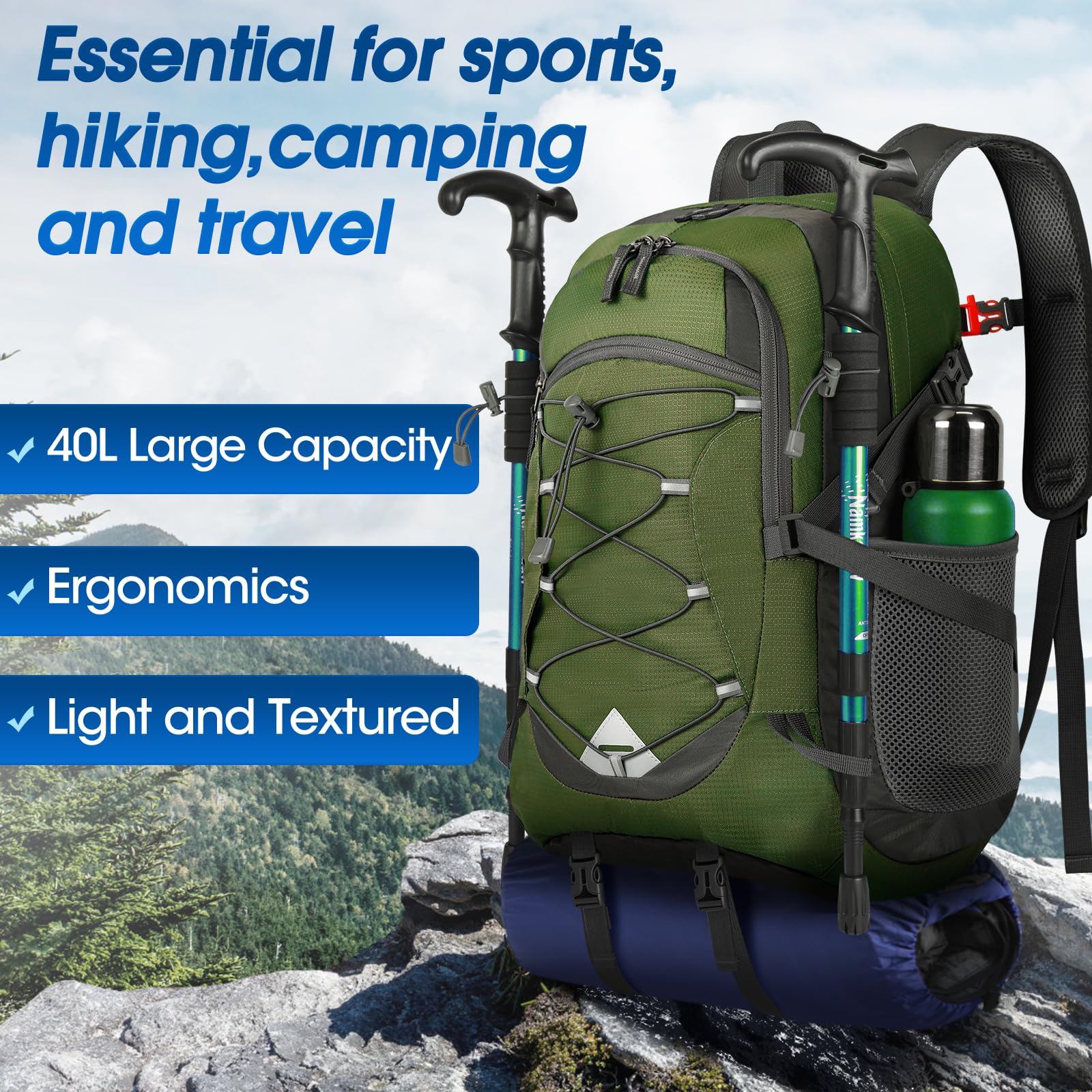 IGOLUMON Hiking Backpack 40L reflective signs for nighttime visibility.