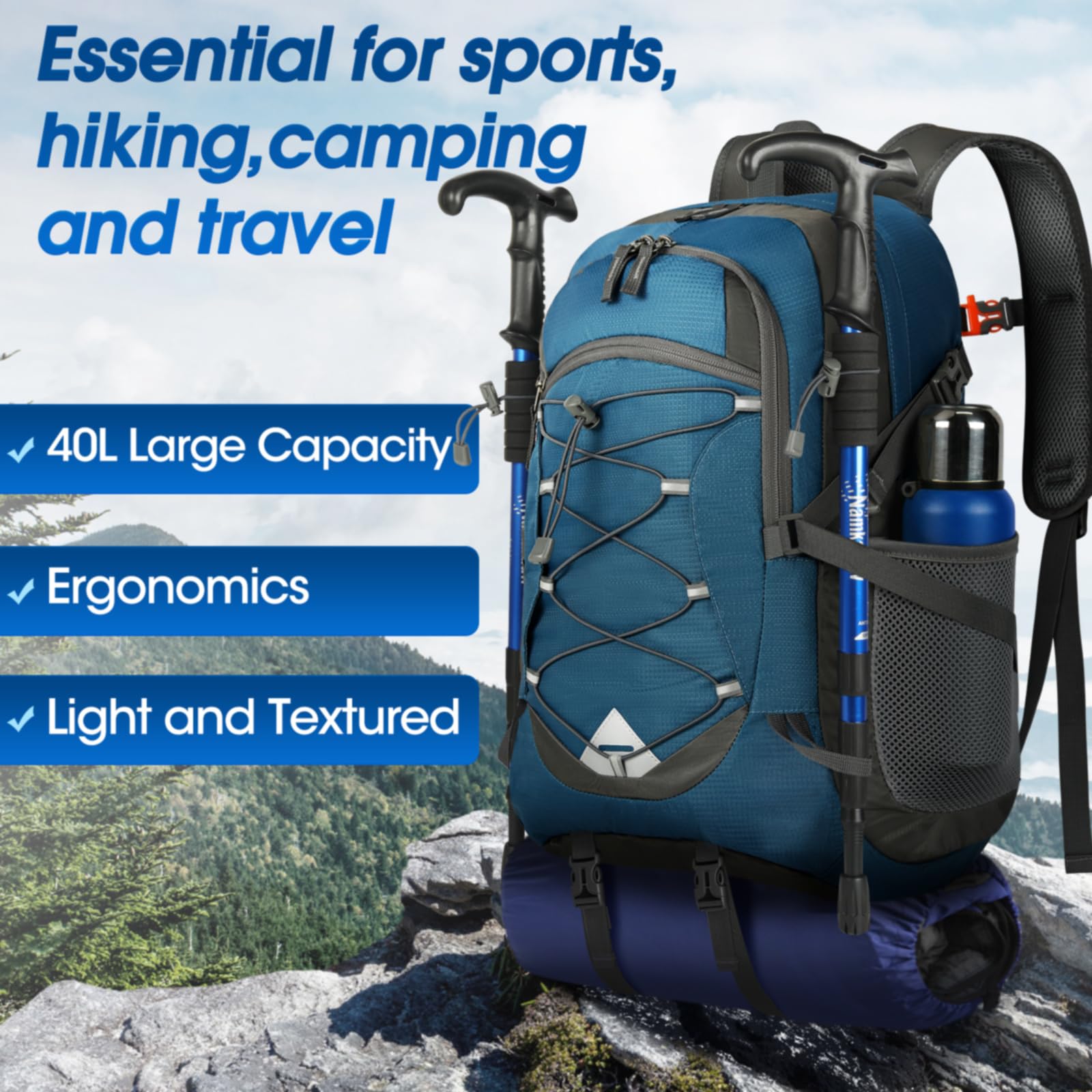 IGOLUMON 40L trekking-poles attachment on side for gear versatility.