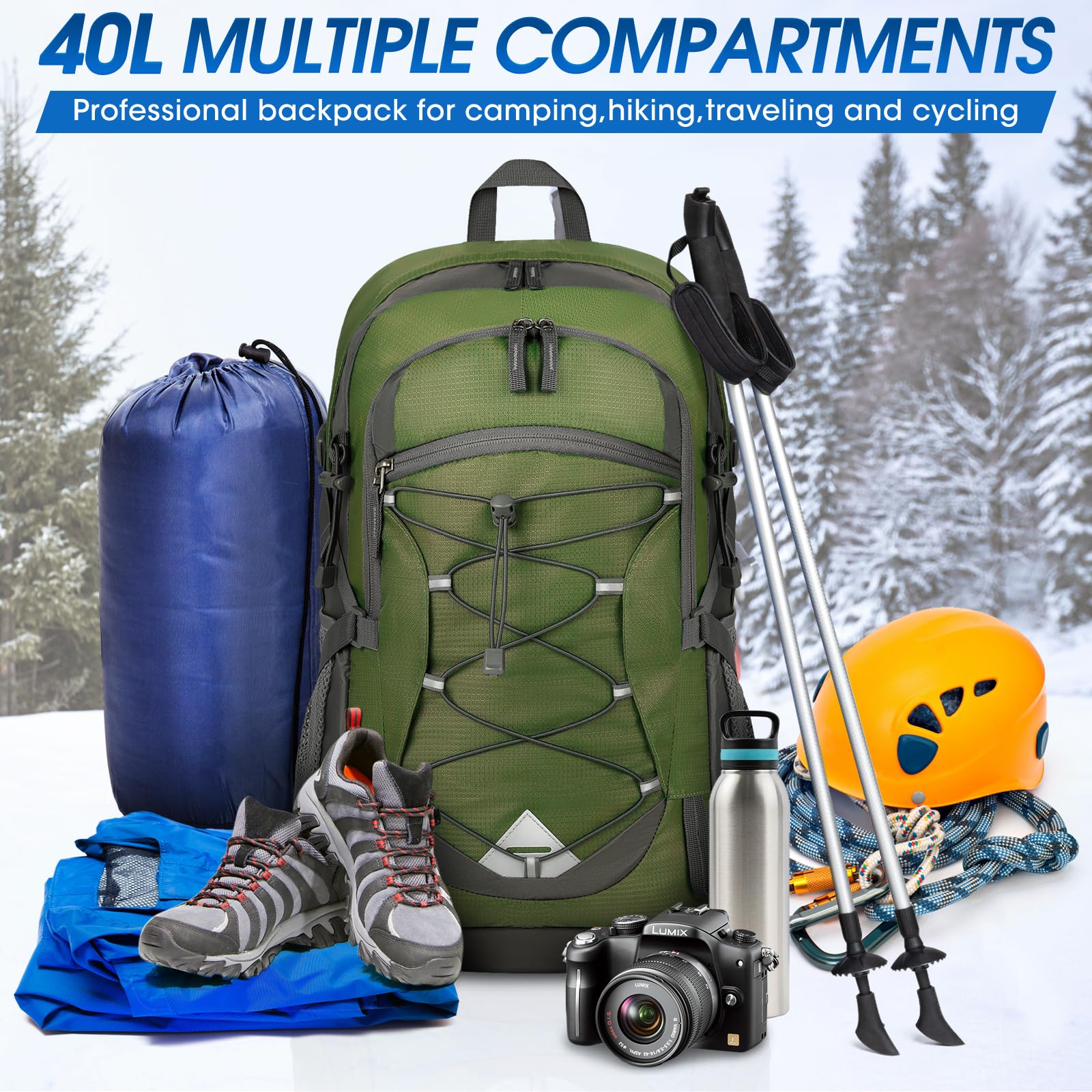 IGOLUMON Hiking Backpack 40L trekking-poles elastic straps and bottom webbing.