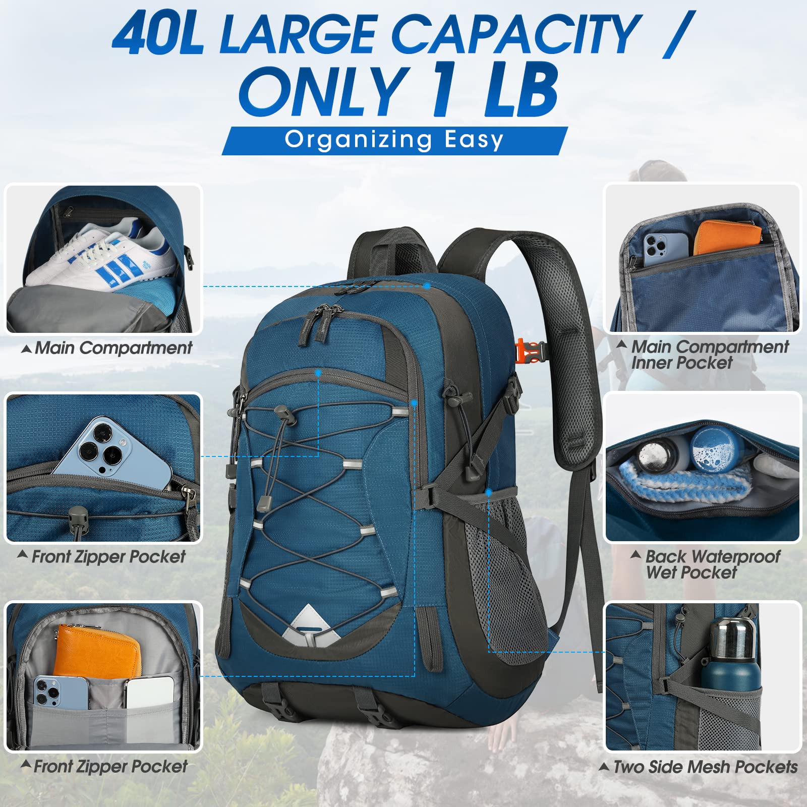 IGOLUMON 40L wet/dry pocket close-up emphasizes water separation feature.
