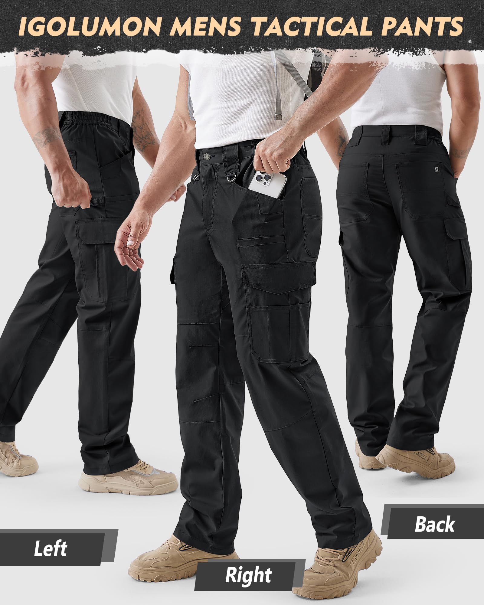 IGOLUMON tactical pants pair with outdoor gear for hiking, camping, and DIY tasks.