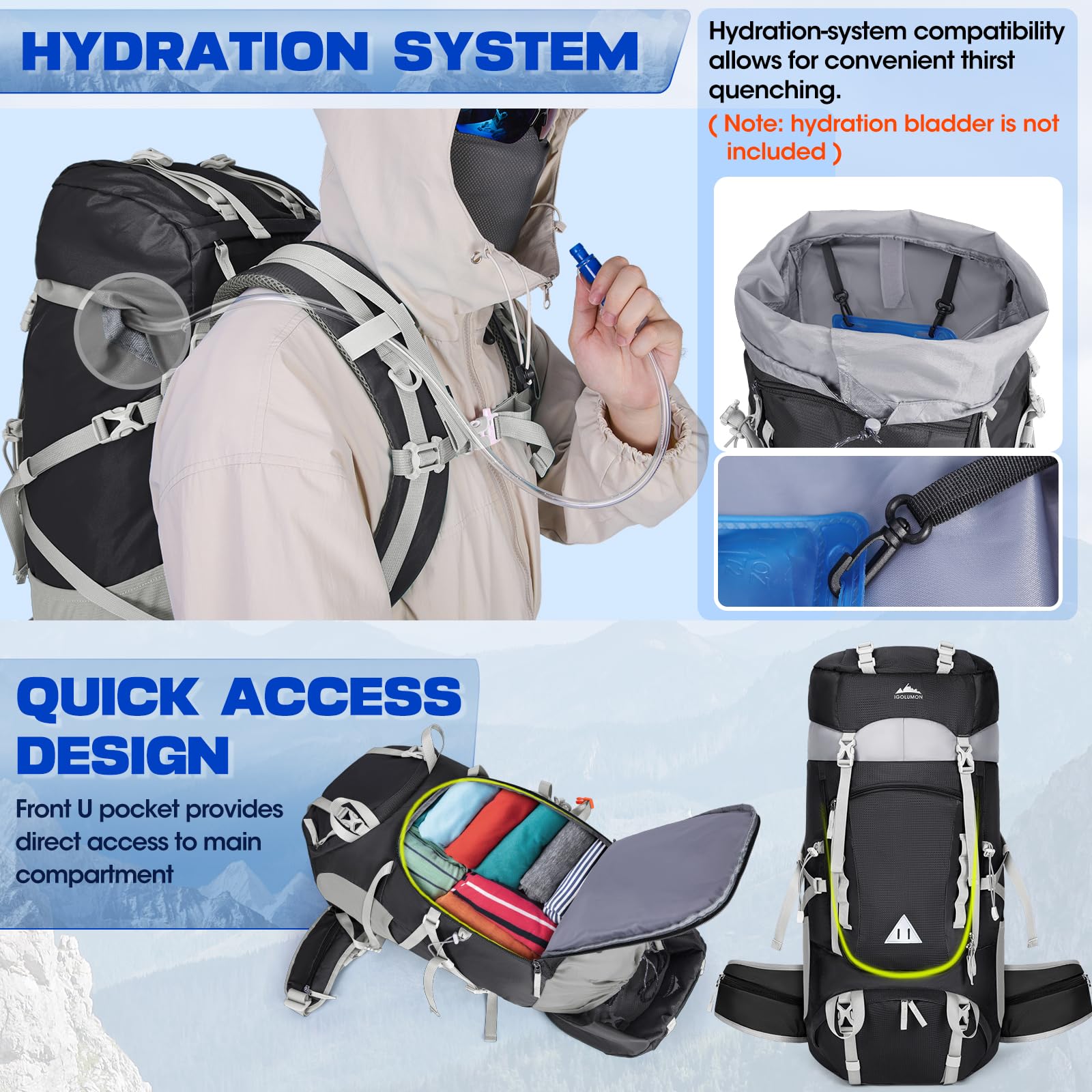 IGOLUMON 60L front wet pocket helps separate damp gear.