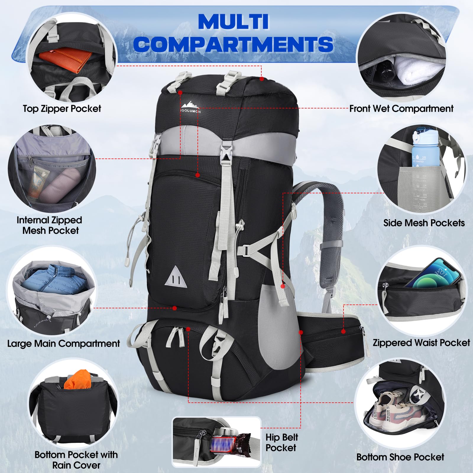IGOLUMON 60L rain cover pouch highlights protective weather cover.