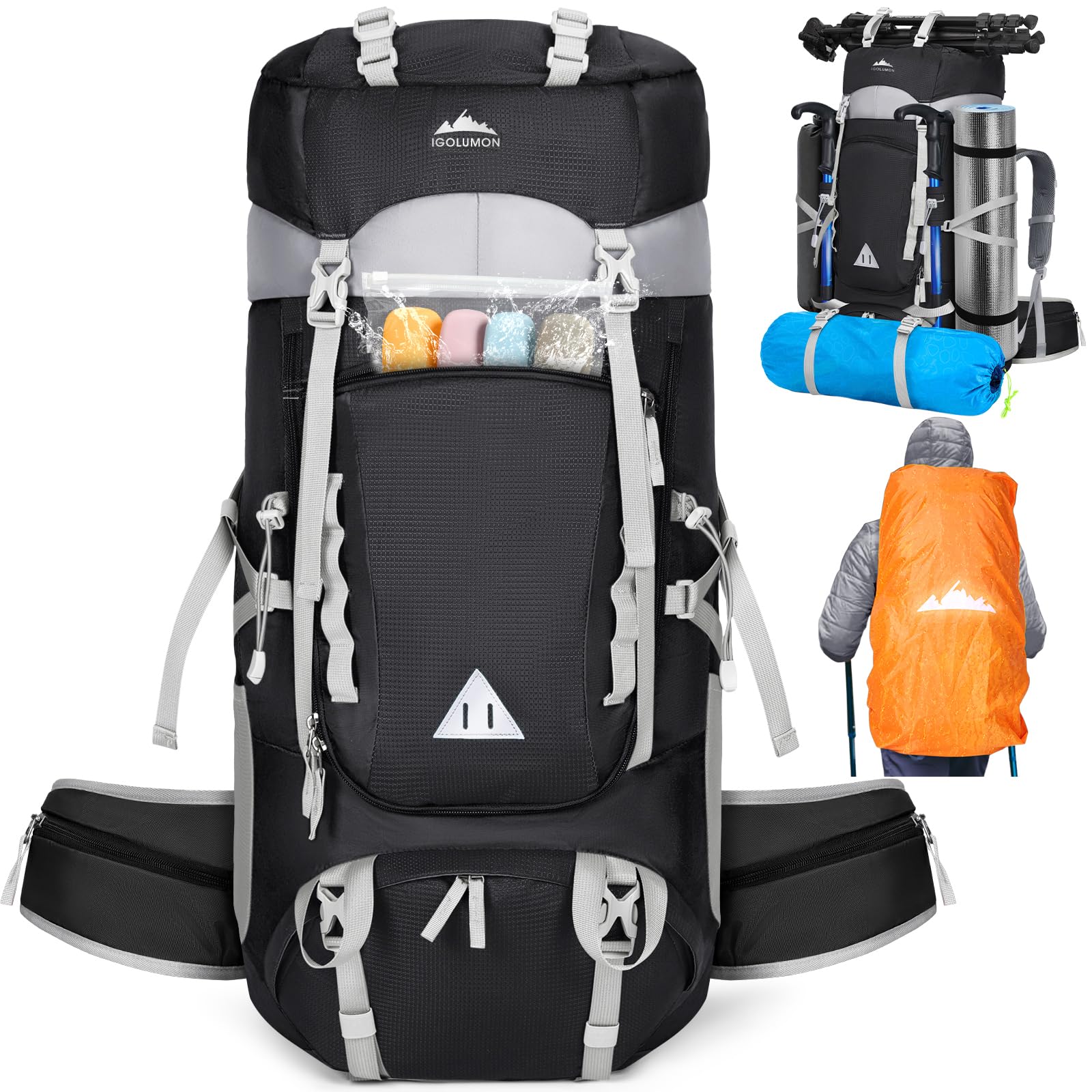 IGOLUMON 60L backpack side pockets offer quick on-trail storage.