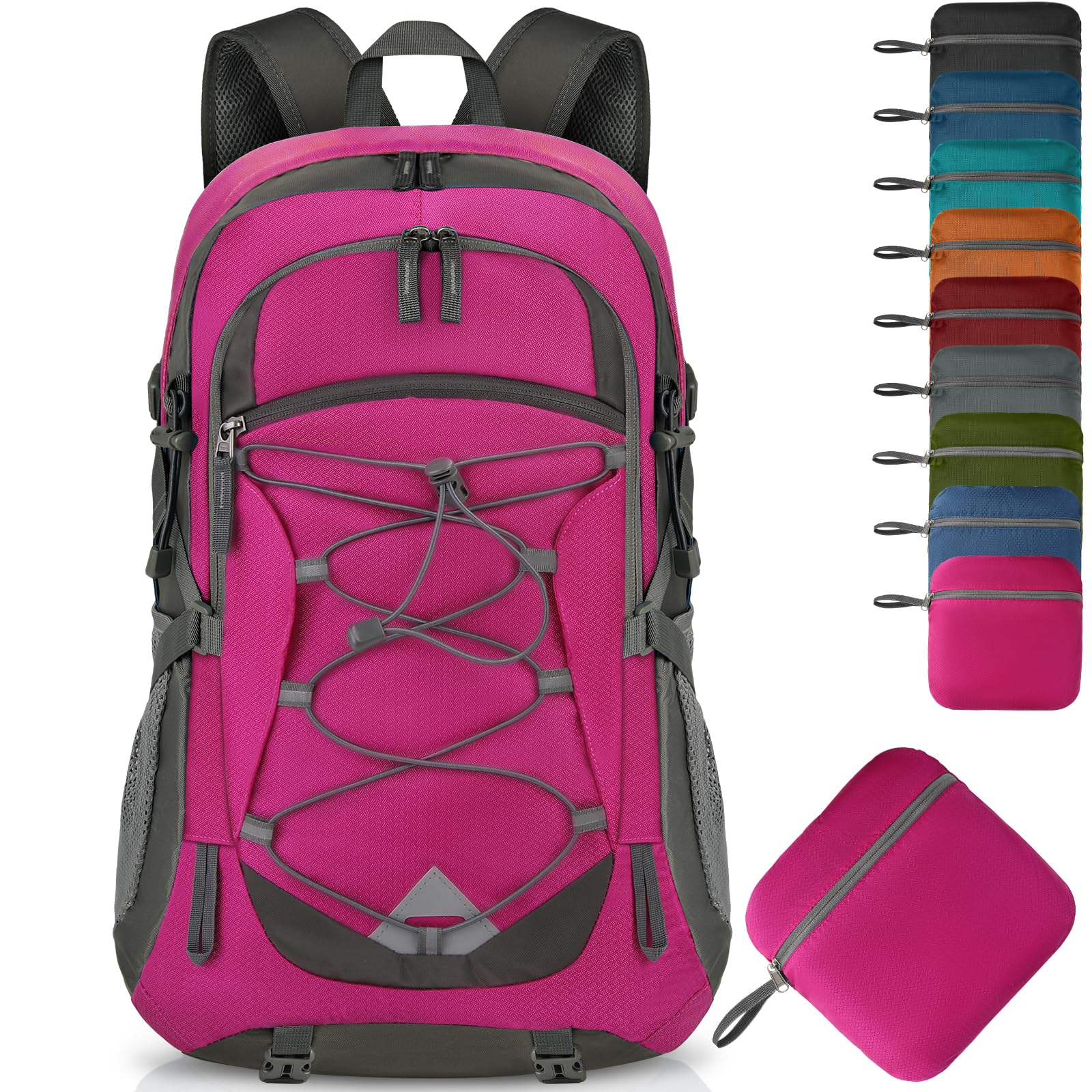 IGOLUMON 40L foldable rose red hiking backpack for easy storage on excursions.