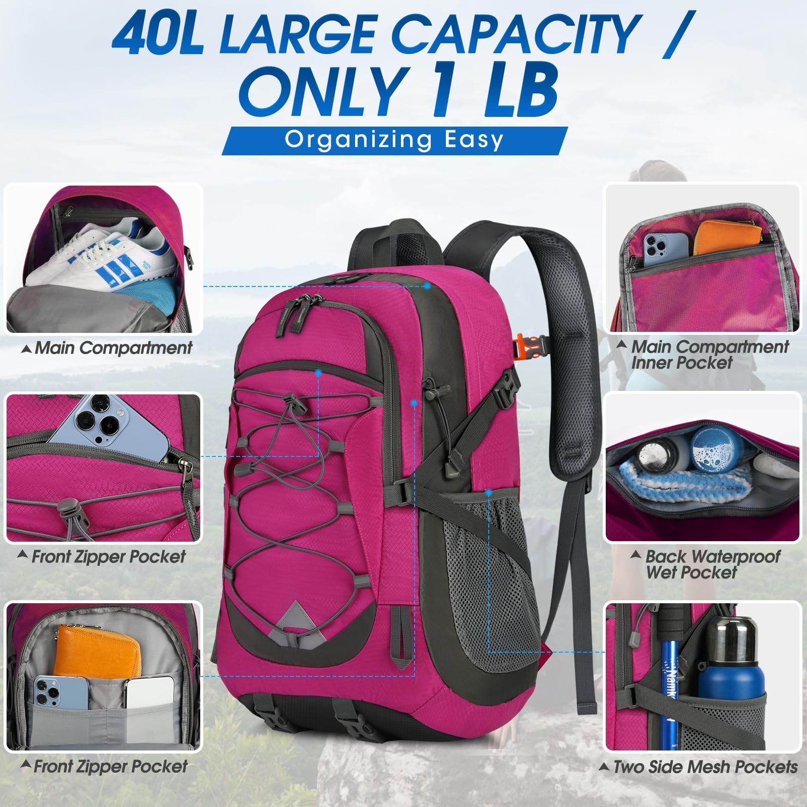 IGOLUMON 40L multi-compartments front pockets organize gear for day hikes.