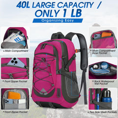 IGOLUMON 40L multi-compartments front pockets organize gear for day hikes.