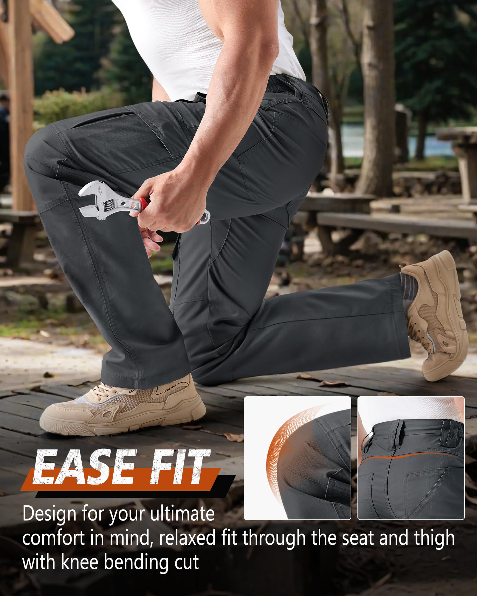IGOLUMON knee-area flex demonstrates ergonomic movement for bending and climbing