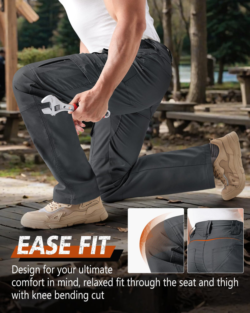 IGOLUMON knee-area flex demonstrates ergonomic movement for bending and climbing