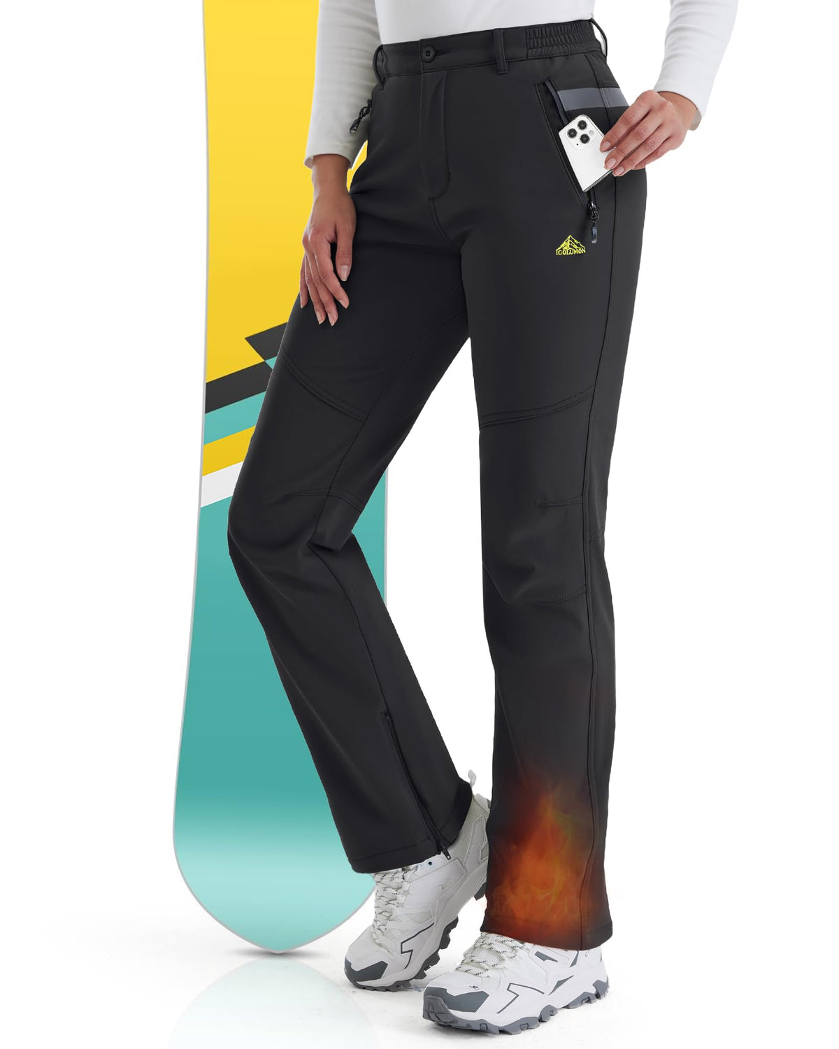 igolumon snow pants front view with fleece lining for warmth on winter hikes