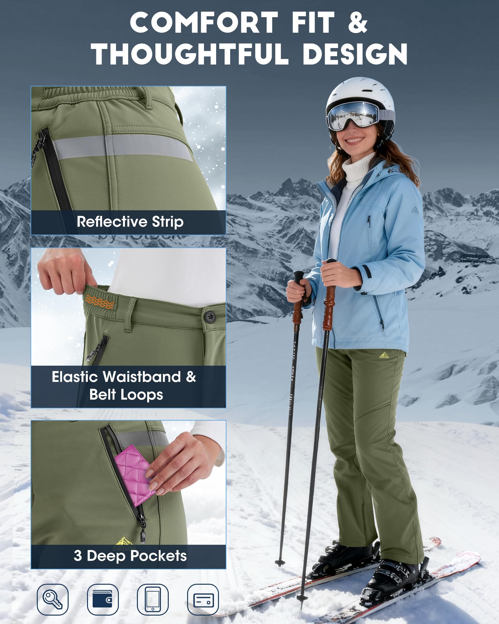 IGOLUMON Snow Ski Pants zippered hem demonstrates adjustable fit over boots.