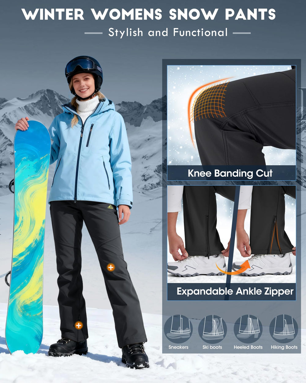 igolumon softshell knee-bend design enabling comfortable movement while skiing