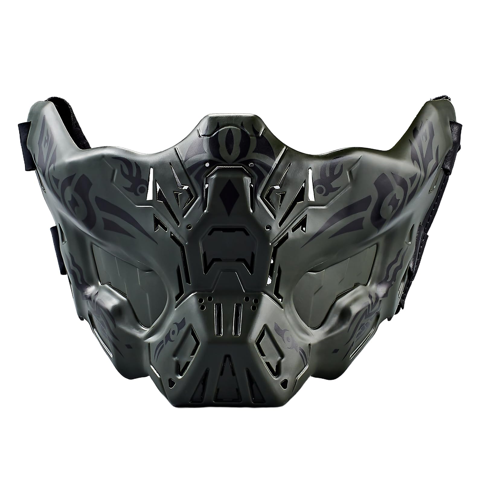 iHOO Airsoft half-face ghost mask in green, front view for outdoor games and cosplay