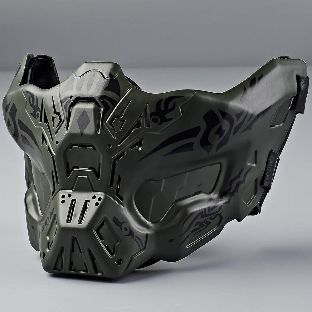 iHOO Airsoft half-face ghost mask in green, side view for tactical play