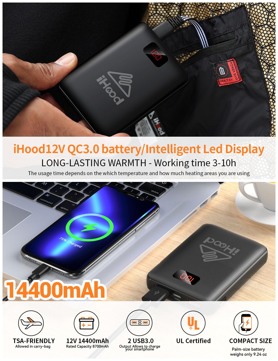 iHood jacket includes 12V battery pack for rapid heating and long-lasting warmth.