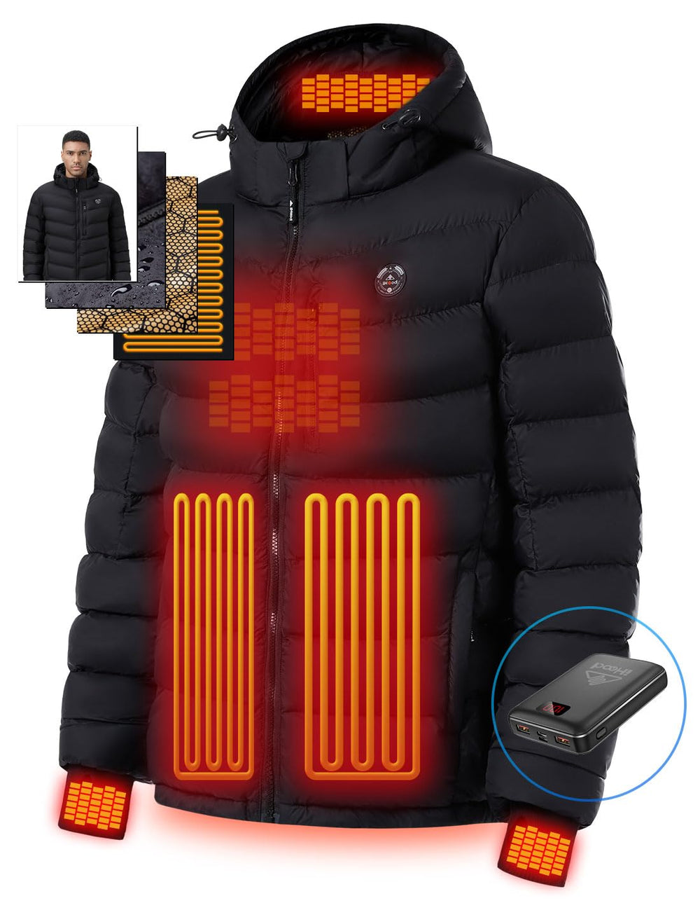 iHood heated jacket front heat panels deliver fast all-day warmth for winter outings.