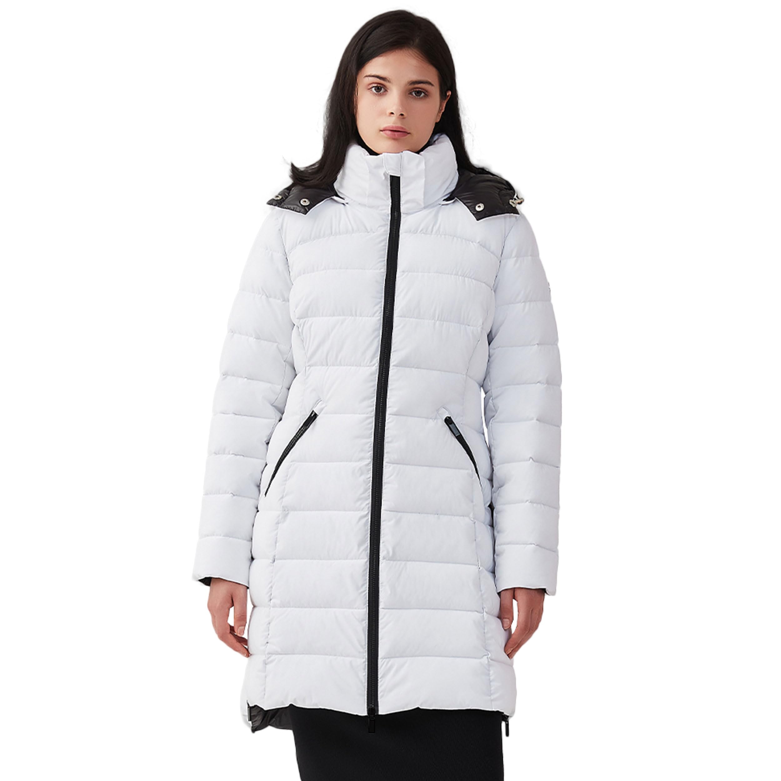IKAZZ women's long puffer coat front view in white delivers stylish warmth