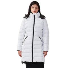 IKAZZ women's long puffer coat front view in white delivers stylish warmth