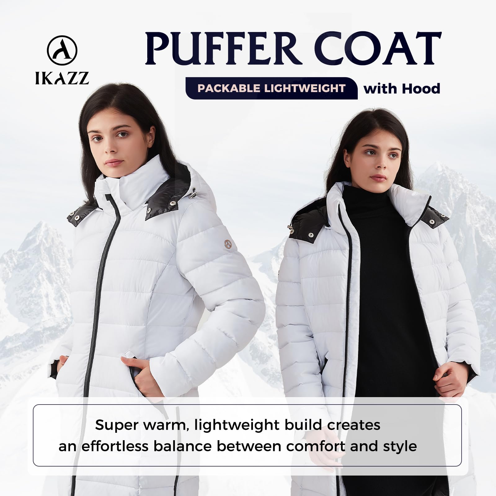 IKAZZ white hooded long coat close-up of detachable hood and zipper for versatile warmth