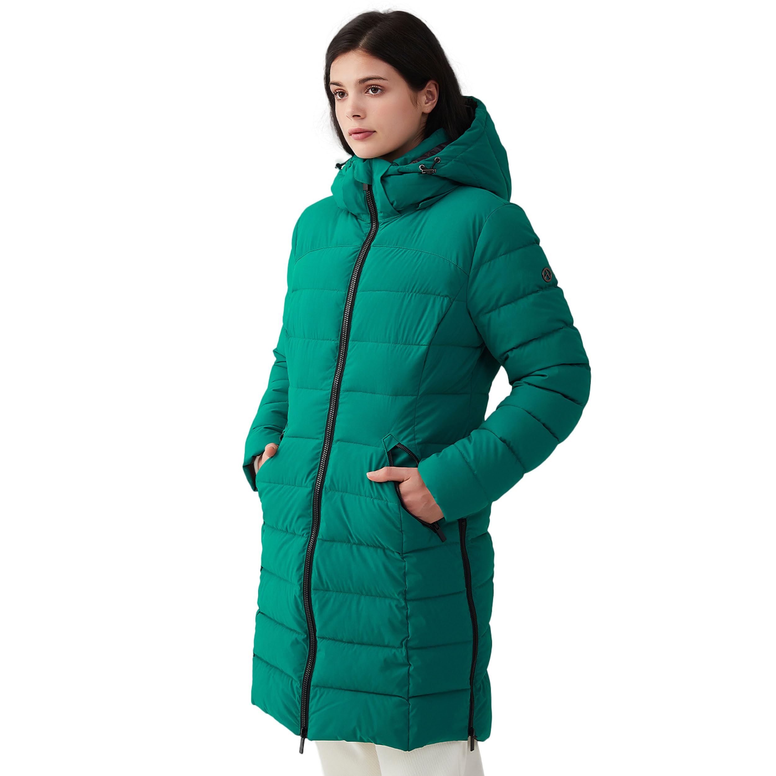 IKAZZ women's winter packable long coat front view showing stylish silhouette and warmth