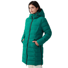 IKAZZ women's winter packable long coat front view showing stylish silhouette and warmth
