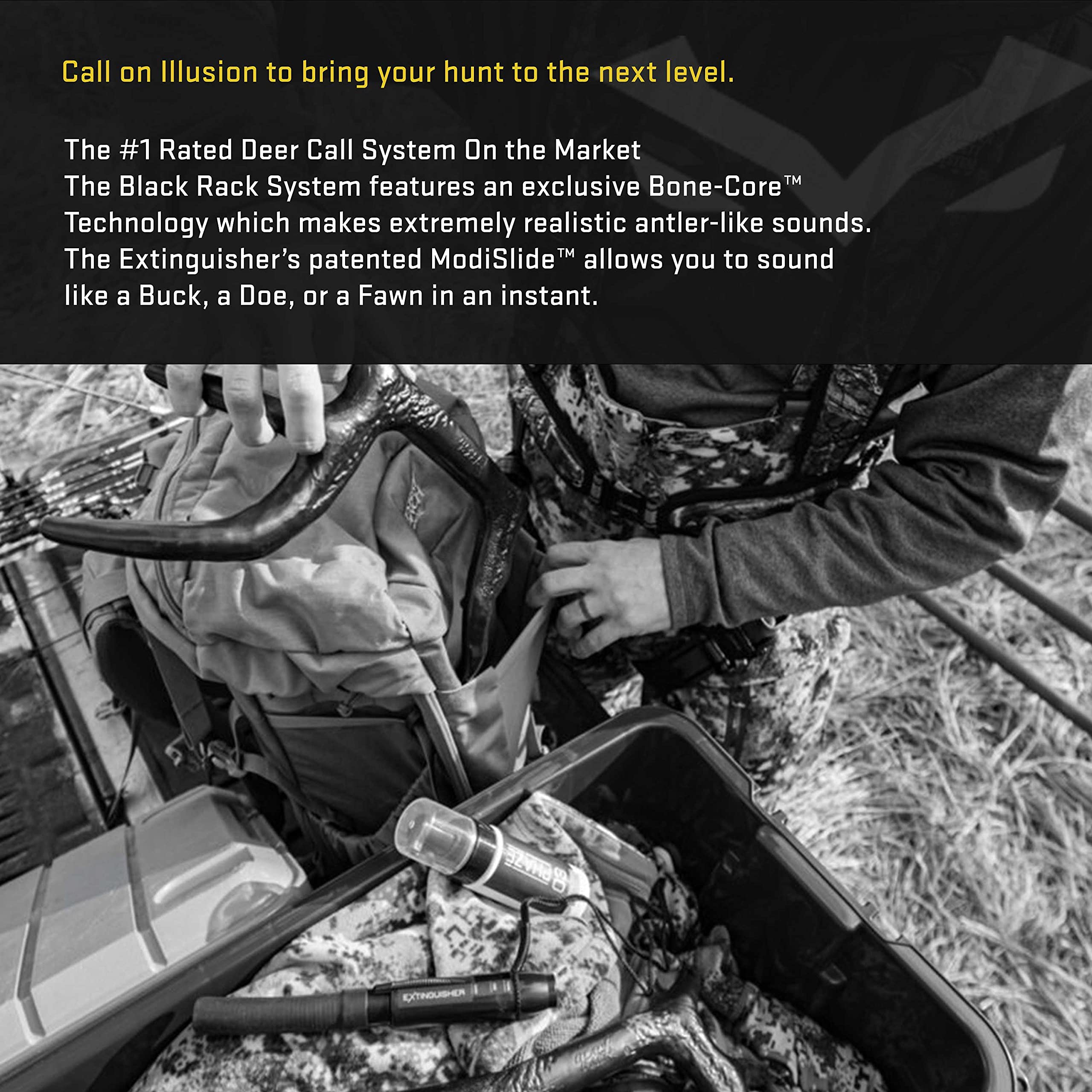 Illusion Systems Black Rack rattling system demonstrates bone-core realism for buck fighting sounds.