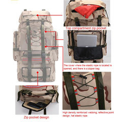ILOOXI 130L compartments shown, helps organize camping gear efficiently.