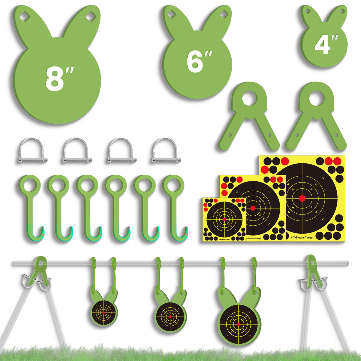 3/8'' AR500 Steel Target Combo Set, 3PC 4’’/6’’/8’’ Gong Shooting Targets Hanging Kit, Includes Hooks, Lock Pins, Leg Brackets, Paper Targets, Fits 1" OD EMT Conduit