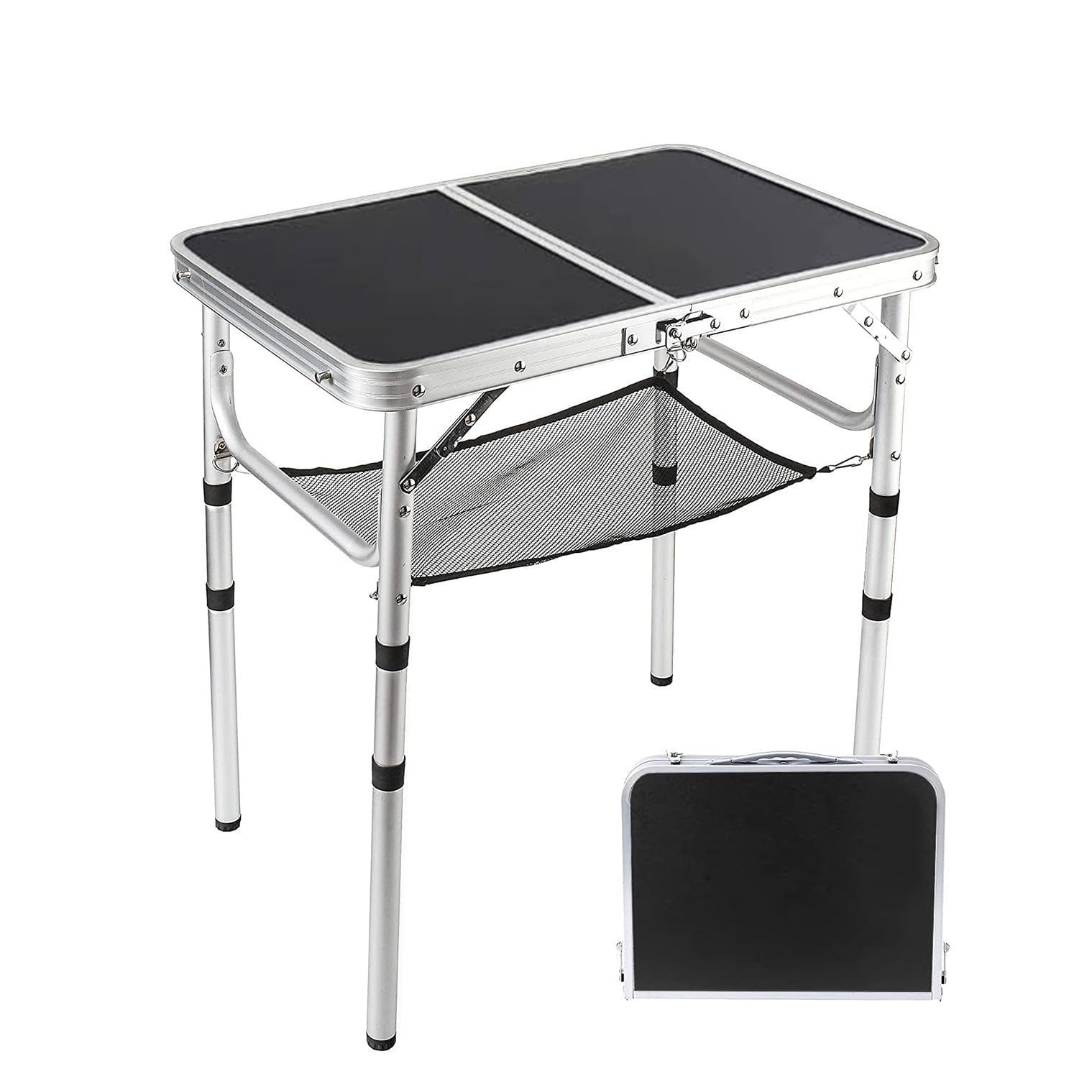 YUFIFAIRY Small Folding Table 2-Foot – Portable Camping Table with Mesh Holders, Lightweight Aluminum, Adjustable Height, Carry Handle, 24 x 16 in