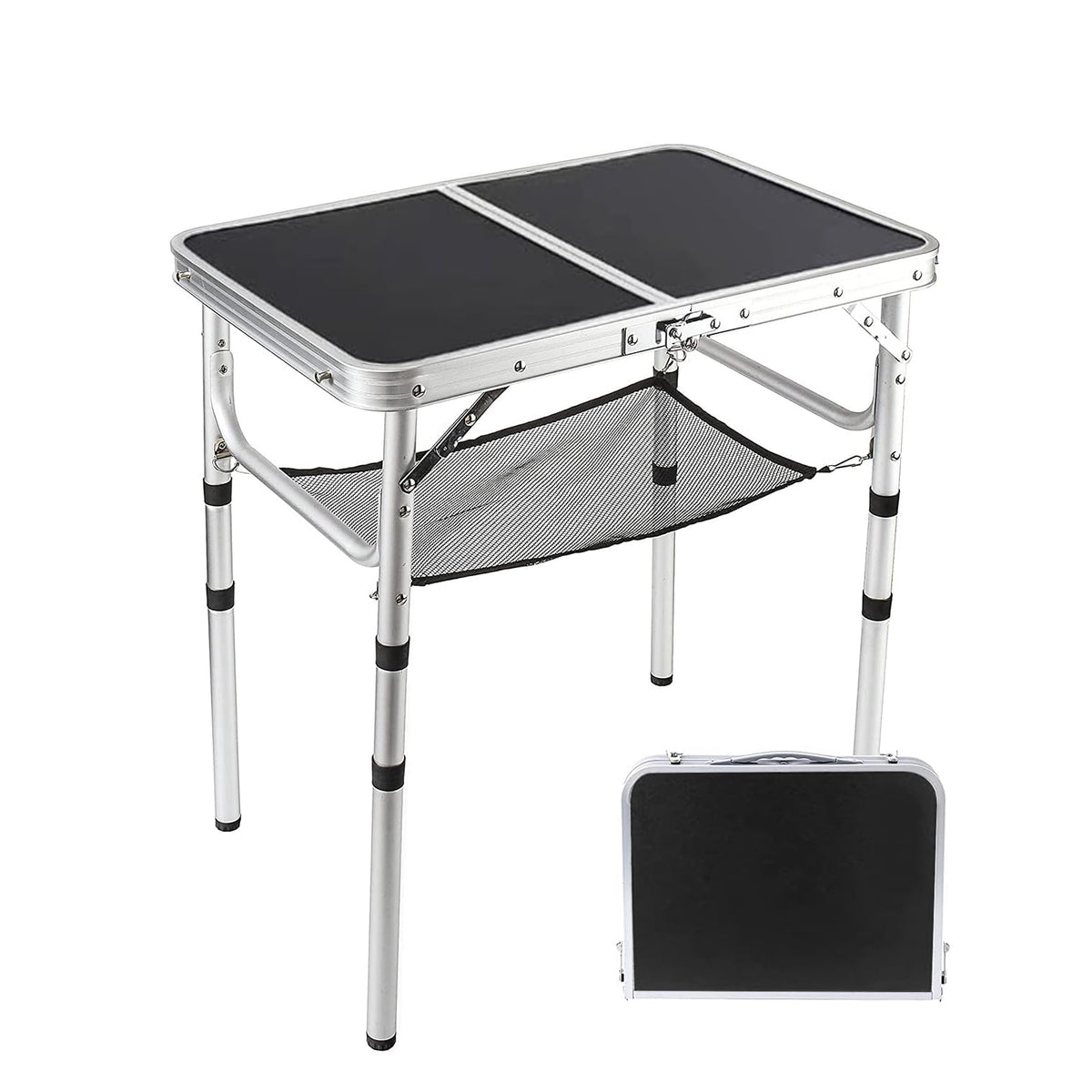 YUFIFAIRY Small Folding Table 2-Foot – Portable Camping Table with Mesh Holders, Lightweight Aluminum, Adjustable Height, Carry Handle, 24 x 16 in
