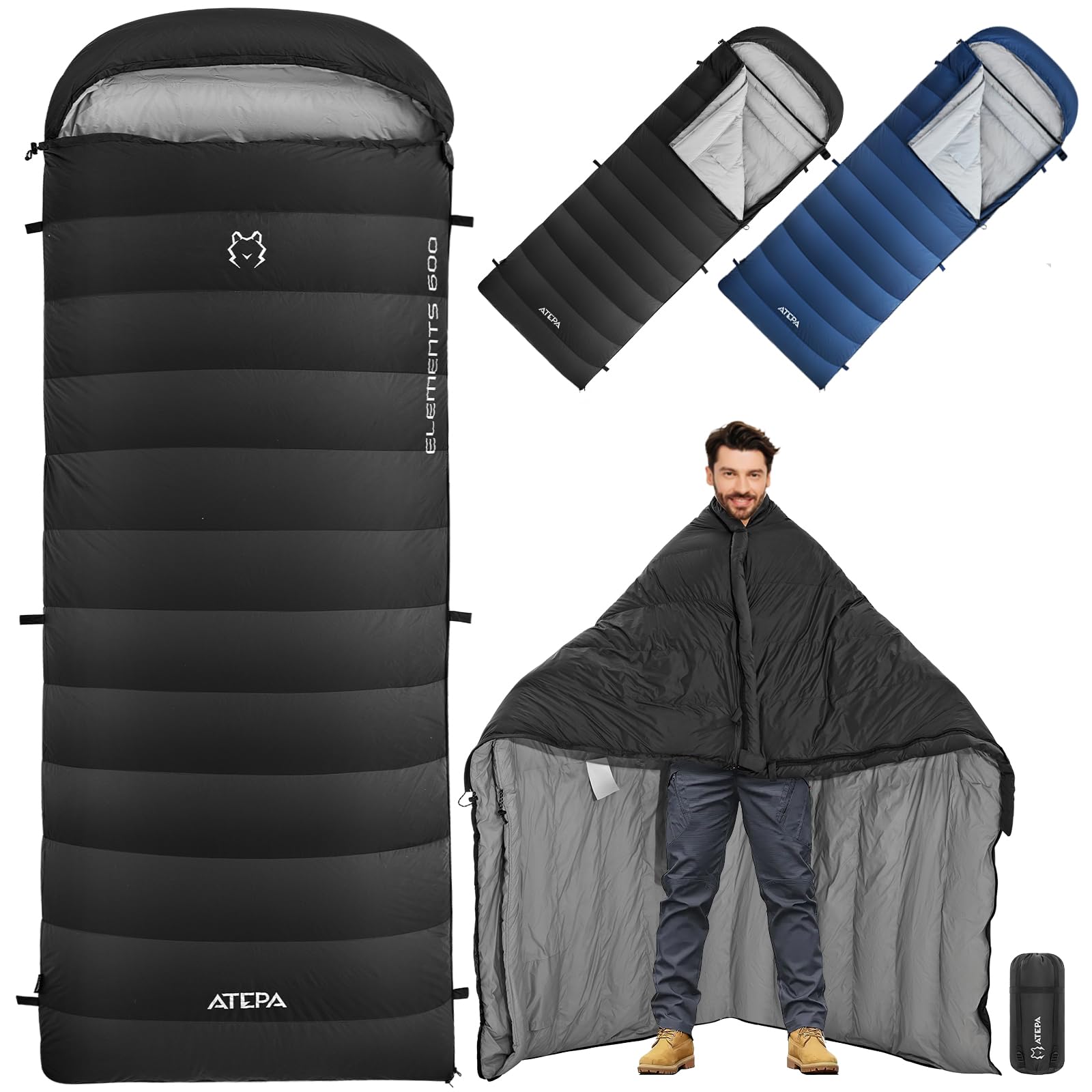 ATEPA 3-in-1 Hybrid Down Sleeping Bag – Lightweight 3-Season with Pad Attachment & Detachable Hood