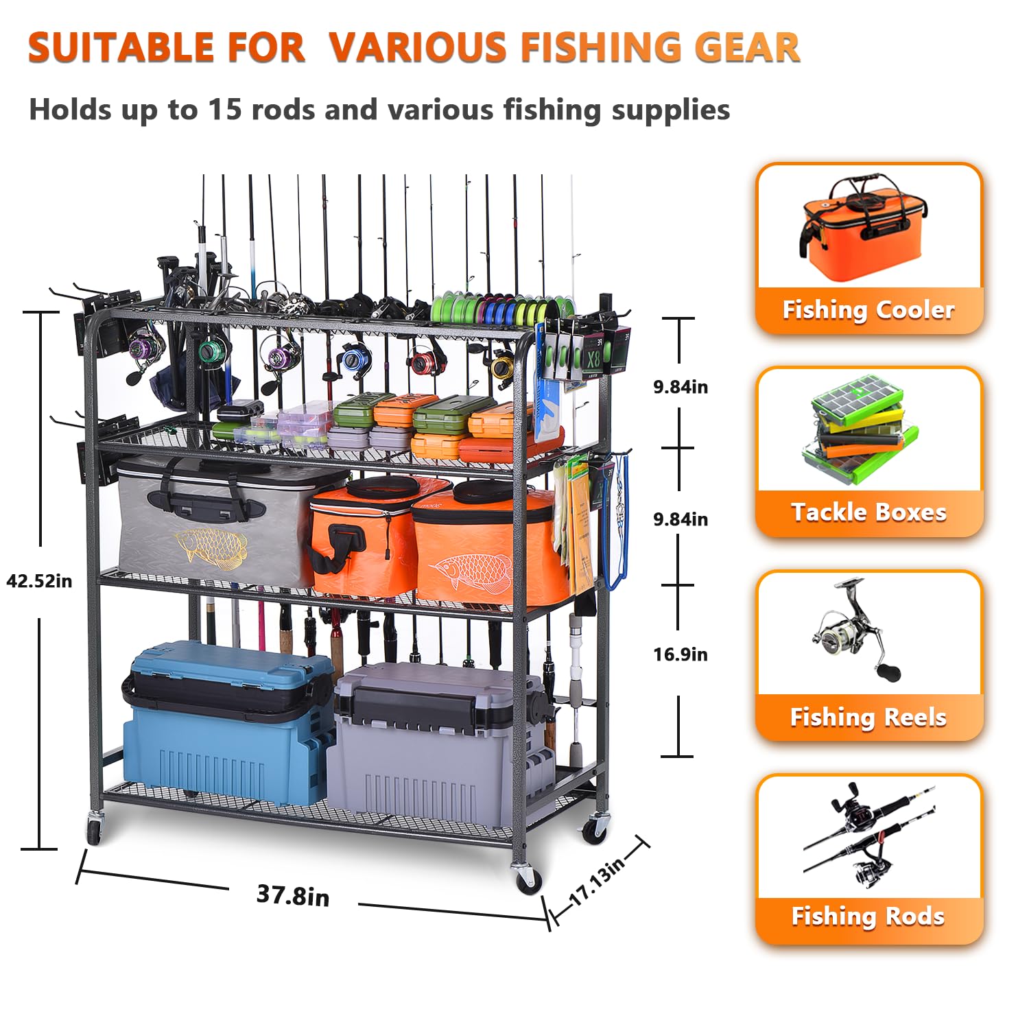 Lezbanz Heavy Duty Fishing Rod Holder – 15-Rod, 4-Tier Rack with Wheels