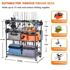 Lezbanz Heavy Duty Fishing Rod Holder – 15-Rod, 4-Tier Rack with Wheels