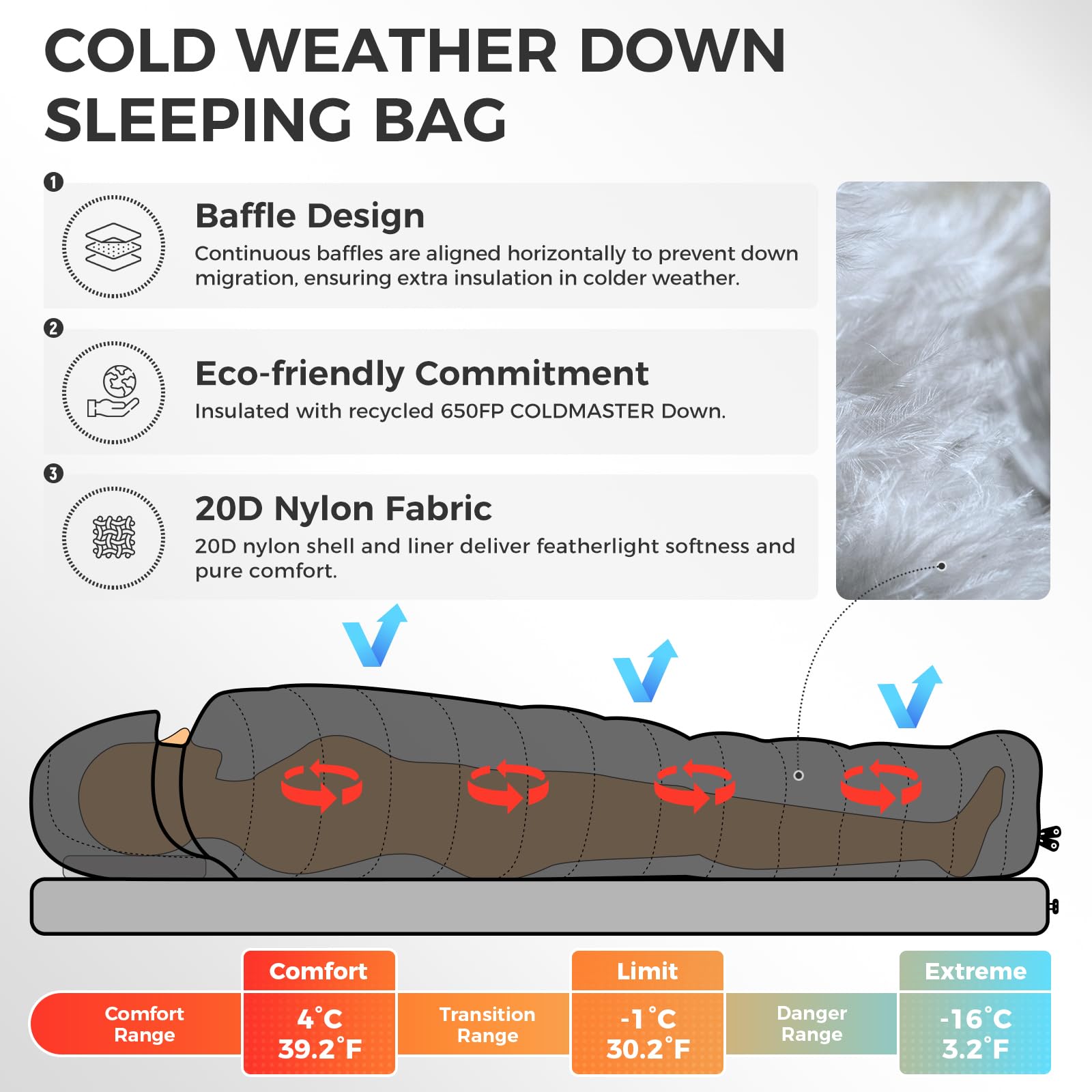 ATEPA 3-in-1 Hybrid Down Sleeping Bag – Lightweight 3-Season with Pad Attachment & Detachable Hood