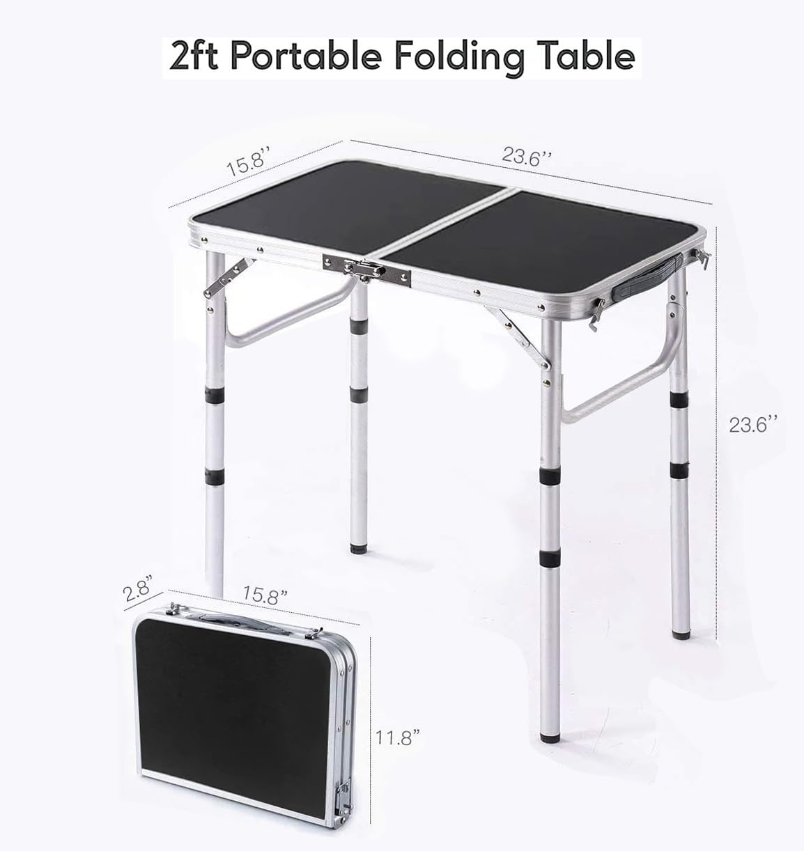 YUFIFAIRY Small Folding Table 2-Foot – Portable Camping Table with Mesh Holders, Lightweight Aluminum, Adjustable Height, Carry Handle, 24 x 16 in