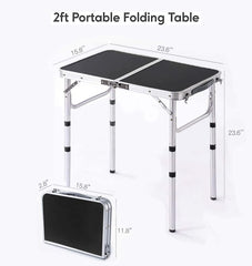 YUFIFAIRY Small Folding Table 2-Foot – Portable Camping Table with Mesh Holders, Lightweight Aluminum, Adjustable Height, Carry Handle, 24 x 16 in