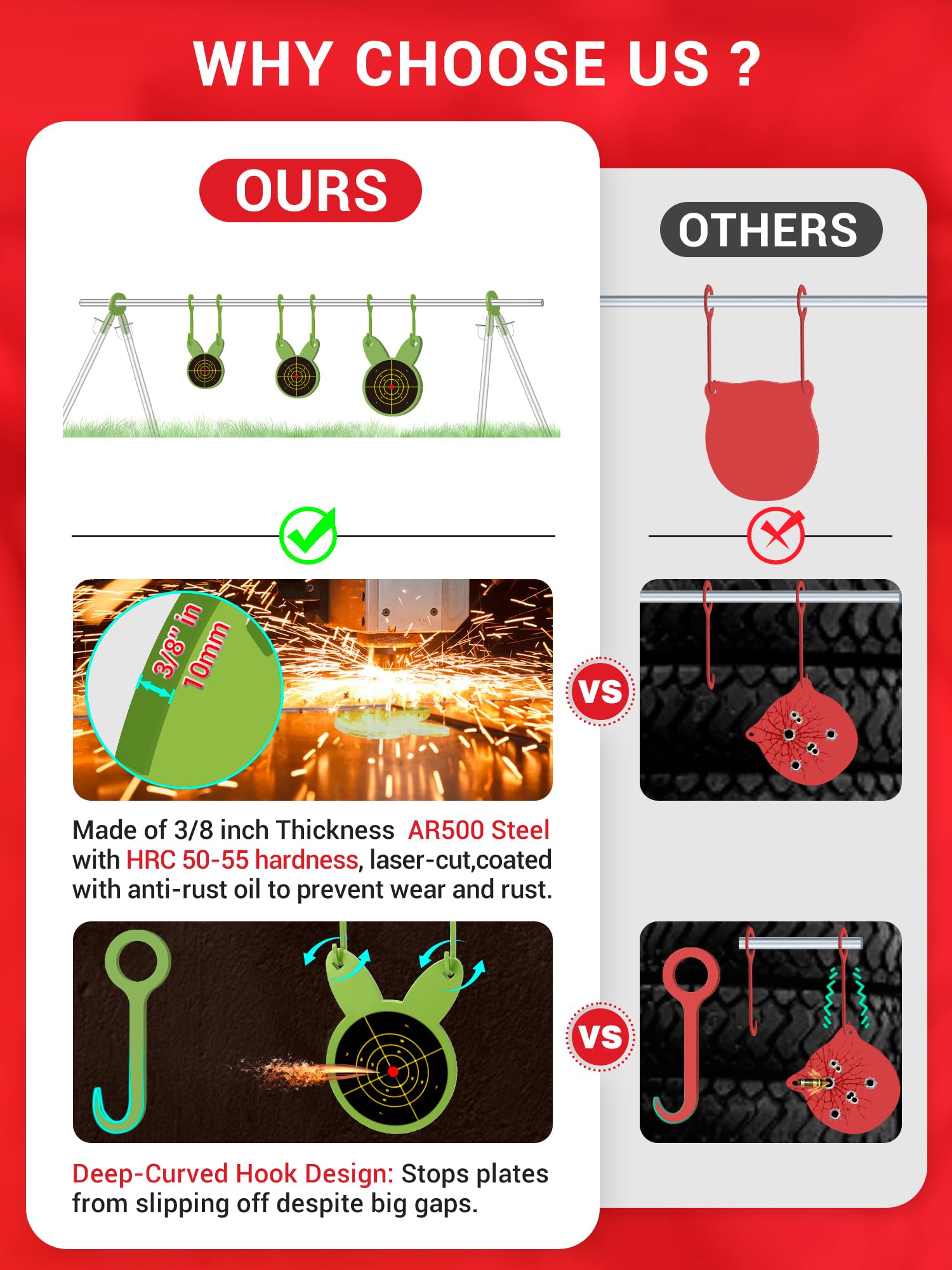 3/8'' AR500 Steel Target Combo Set, 3PC 4’’/6’’/8’’ Gong Shooting Targets Hanging Kit, Includes Hooks, Lock Pins, Leg Brackets, Paper Targets, Fits 1" OD EMT Conduit