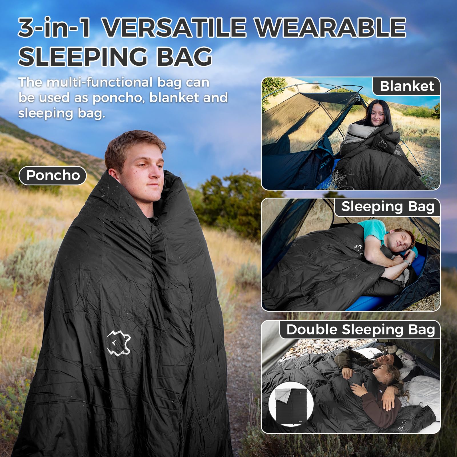 ATEPA 3-in-1 Hybrid Down Sleeping Bag – Lightweight 3-Season with Pad Attachment & Detachable Hood