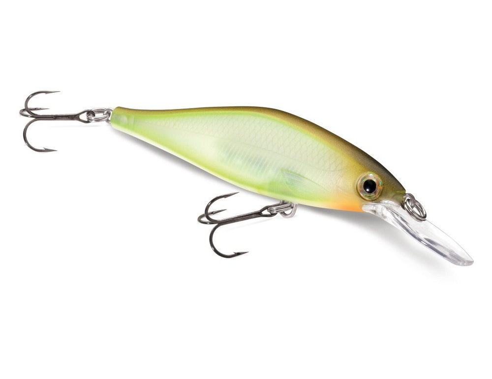 Rapala Shadow Rap Shad Deep Moss Back Shiner in water demonstrates slow rising on pause and turning action