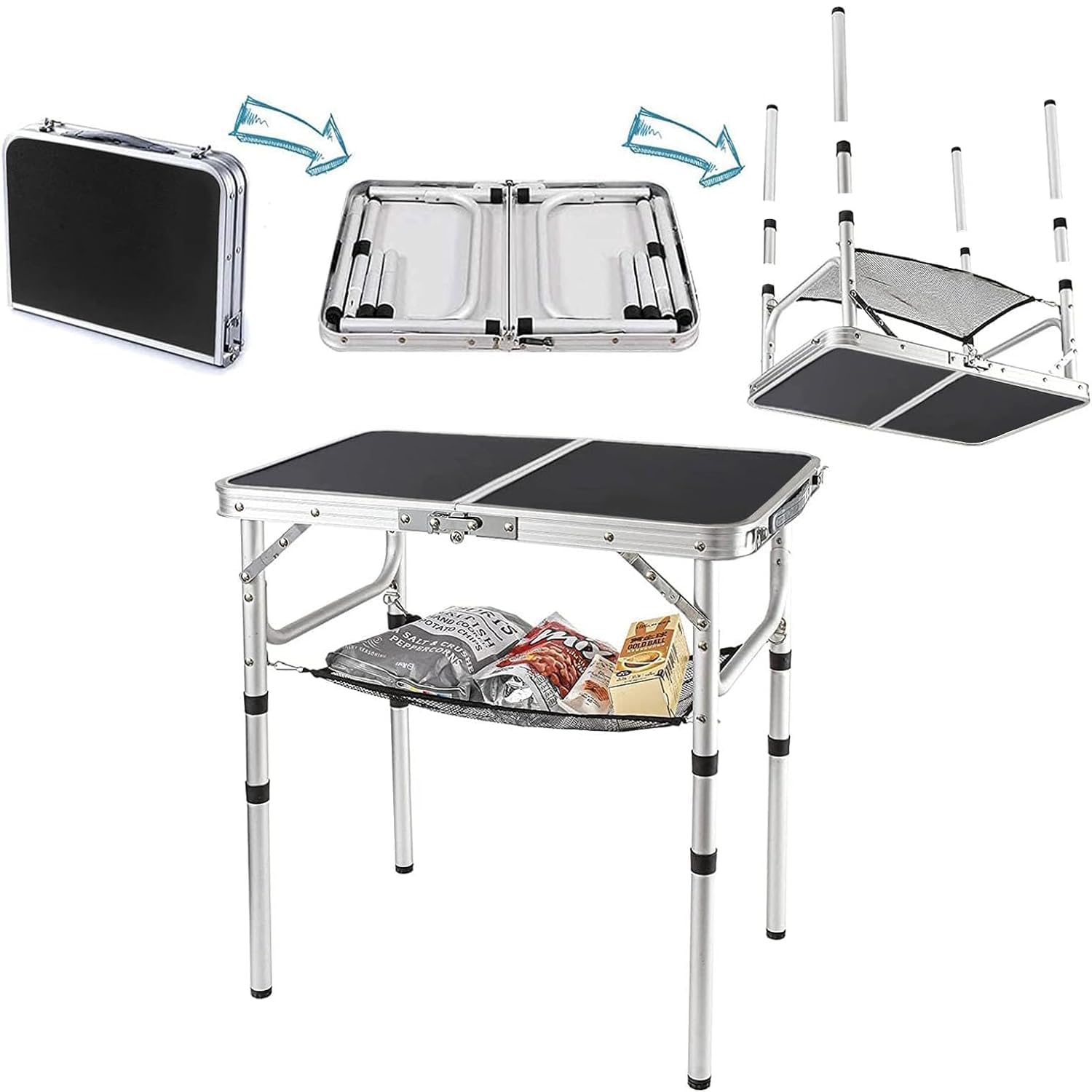 YUFIFAIRY Small Folding Table 2-Foot – Portable Camping Table with Mesh Holders, Lightweight Aluminum, Adjustable Height, Carry Handle, 24 x 16 in
