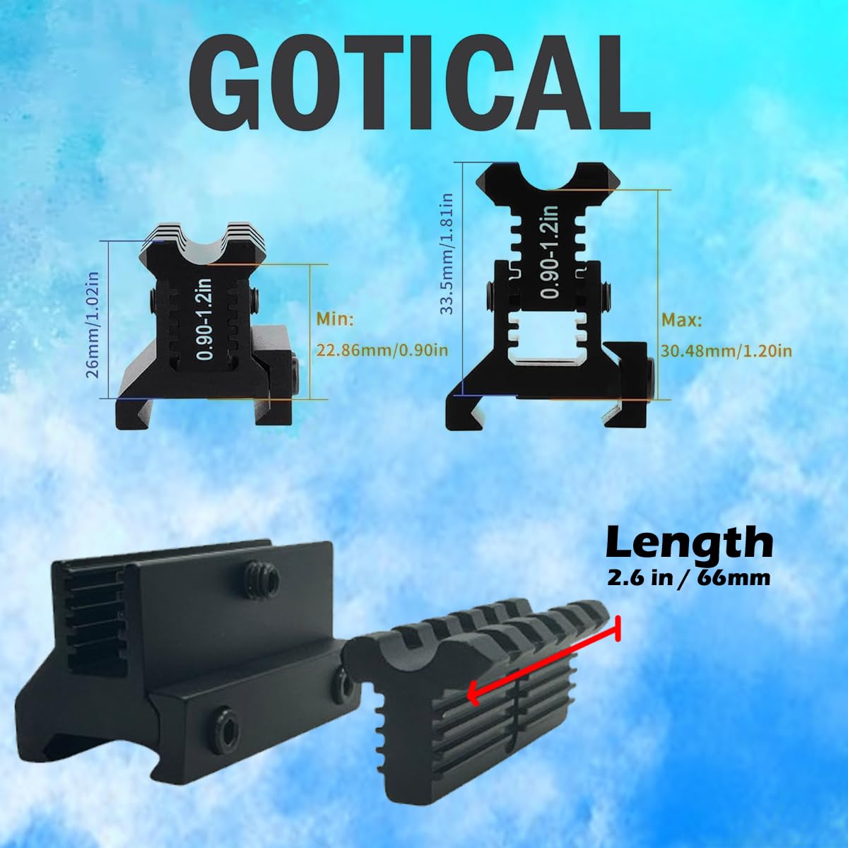Gotical Picatinny Riser Mount - Adjustable Height, Quick Release | 1.57in L, 5 Slots, Rise 0.9-1.2in (PO1 Quick Release)