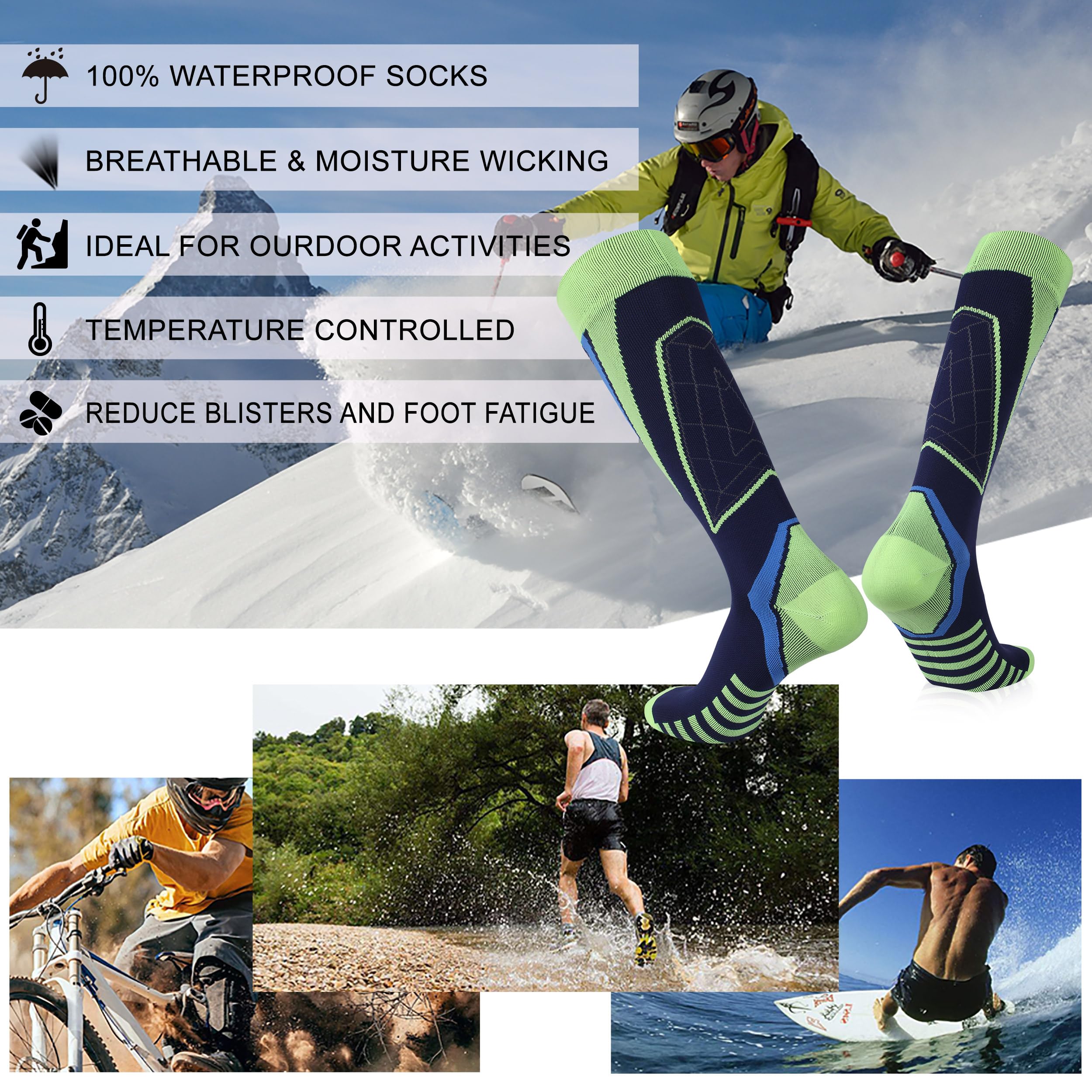 RANDY SUN Waterproof Knee-High Socks for Hiking & Outdoors – Green & Navy