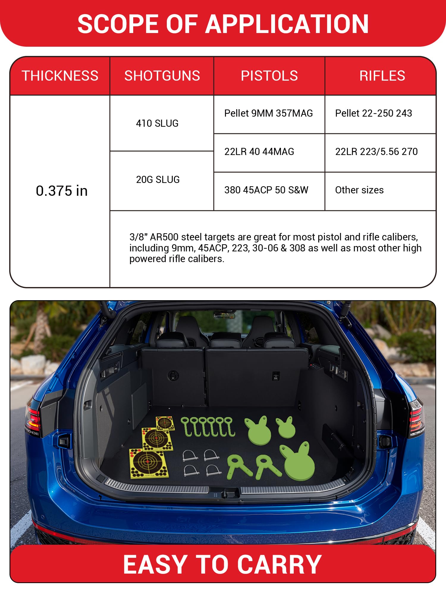 3/8'' AR500 Steel Target Combo Set, 3PC 4’’/6’’/8’’ Gong Shooting Targets Hanging Kit, Includes Hooks, Lock Pins, Leg Brackets, Paper Targets, Fits 1" OD EMT Conduit