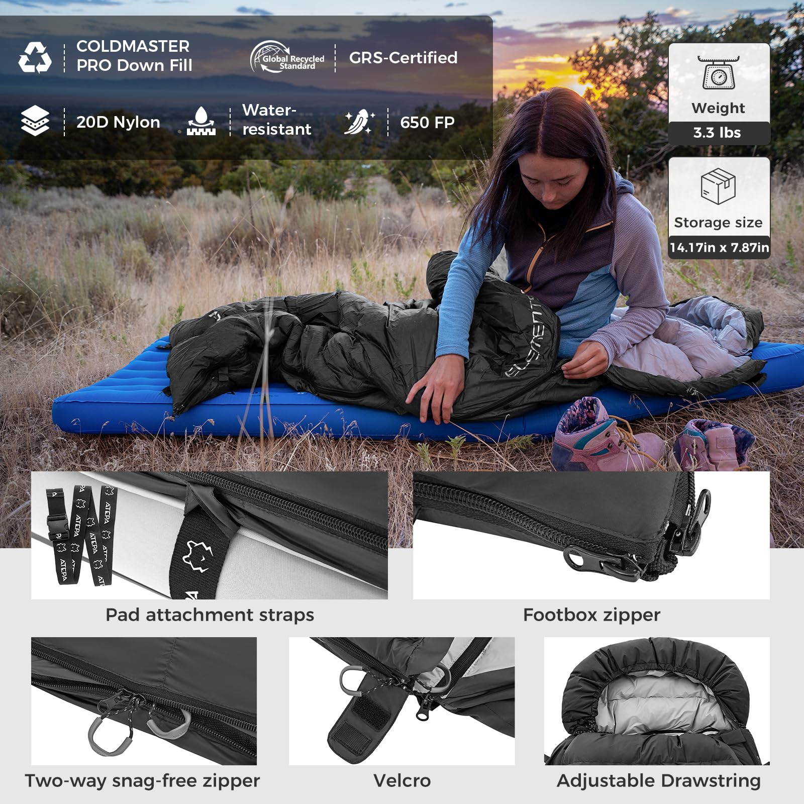 ATEPA 3-in-1 Hybrid Down Sleeping Bag – Lightweight 3-Season with Pad Attachment & Detachable Hood