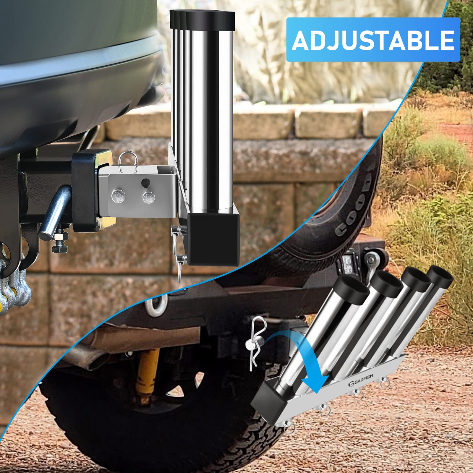 GADFISH Stainless Steel Hitch Mount Rod Holder for 2-Inch Receivers | Quick Release Pin