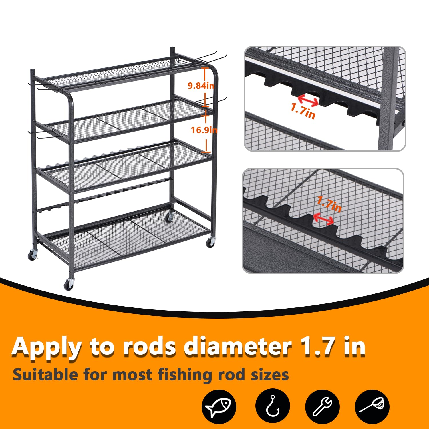 Lezbanz Heavy Duty Fishing Rod Holder – 15-Rod, 4-Tier Rack with Wheels